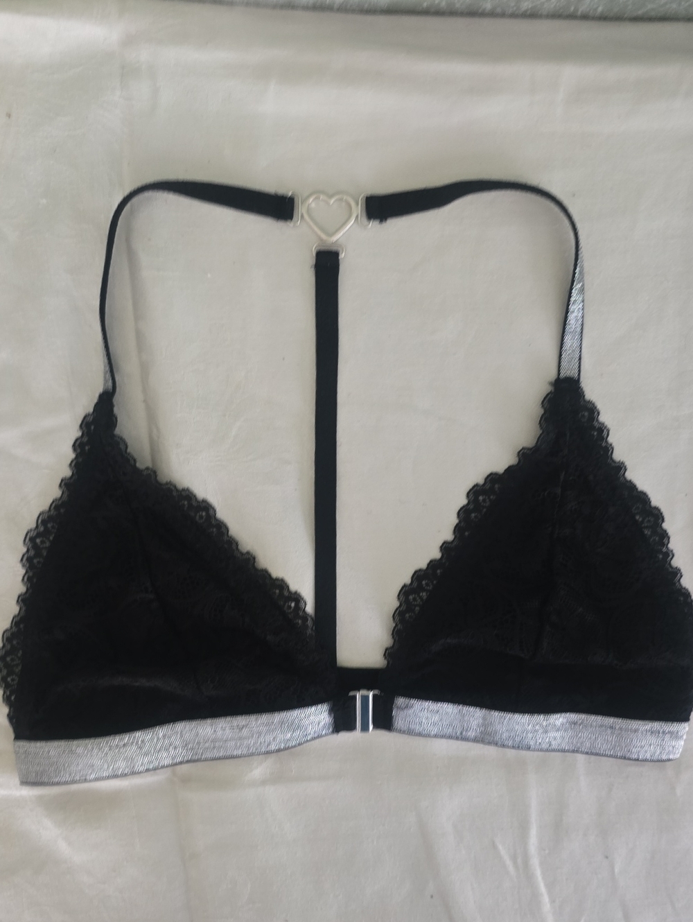 Black Lace Bralette, T Back With A Heart, Silver Trim Size M...NWOT